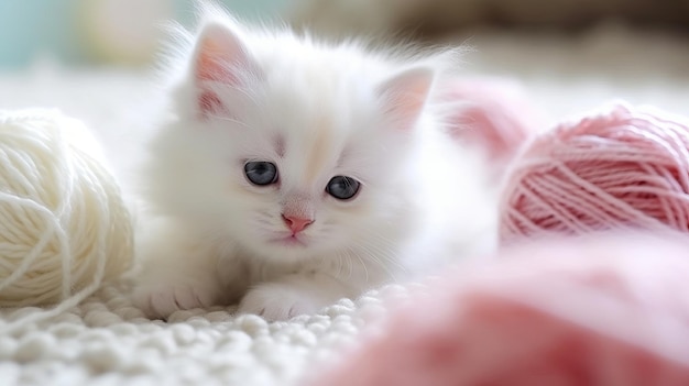 A fluffy white kitten playing with a ball of yarn AI generated