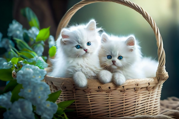 Fluffy white kittens sitting in a wicker basket Generative AIxA