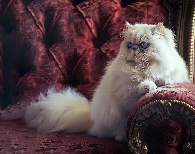 Photo fluffy white persian cat with bright blue eyes sits regally on a plush armchair pet animals