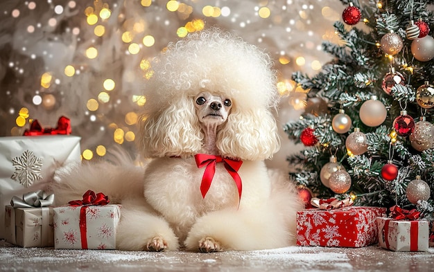 A fluffy white poodle sits gracefully in front of a beautifully decorated Christmas tree with colorful lights and wrapped gifts