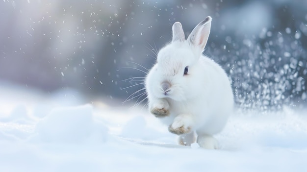 Photo a fluffy white rabbit bounding energetically through a snowy winter woodland its fur glistening as it leaps and dashes through the powdery white landscape