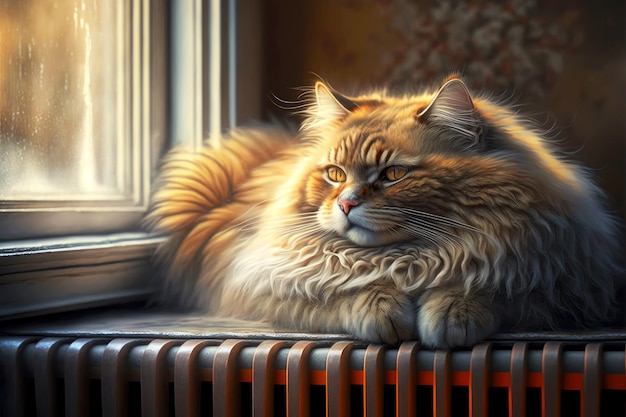 Fluffy white red cute kitten on heating radiator looks out window