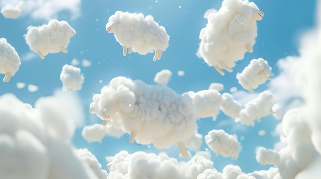 Fluffy white sheep shaped clouds float in a blue sky