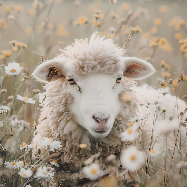 A fluffy white sheep with a gentle smile grazing peacefully in a field of wildflowers