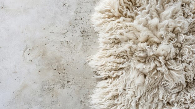 Photo fluffy white sheepskin rug against gray concrete wall