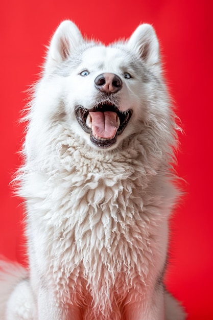 Fluffy White Siberian Husky with Blue Eyes Against a Vibrant Red Background Happy Dog with Open