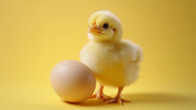 Photo a fluffy yellow baby chick stands proudly next to a large brown egg symbolizing new beginnings