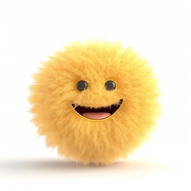 A fluffy yellow ball with a face that says'happy face'on it