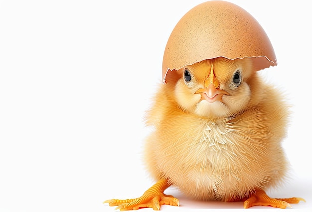 Photo a fluffy yellow chick wearing an eggshell as a hat looking at the camera on a white background