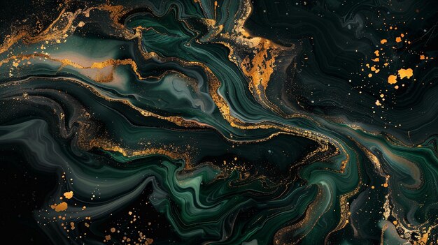 Fluid Art Black marble background with dark green background