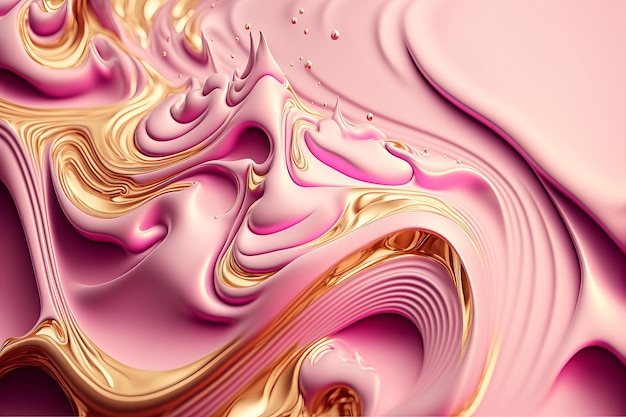 Fluid Art Liquid pink cream and metallic gold waves and swirls Generative AI illustration