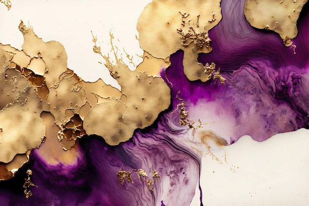 Fluid Art Liquid purple ink and gold metallic abstract drips and wave Generative AI illustration