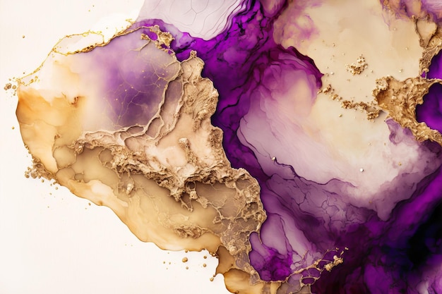 Fluid Art Liquid purple ink and gold metallic abstract drips and wave Generative AI illustration