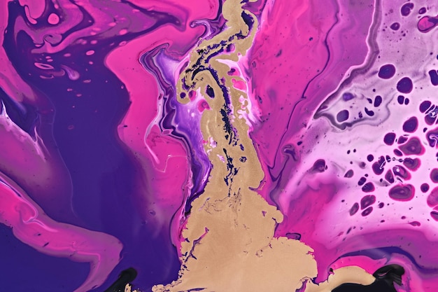 Fluid Art Metallic gold abstraction on purple waves Marble effect background or texture