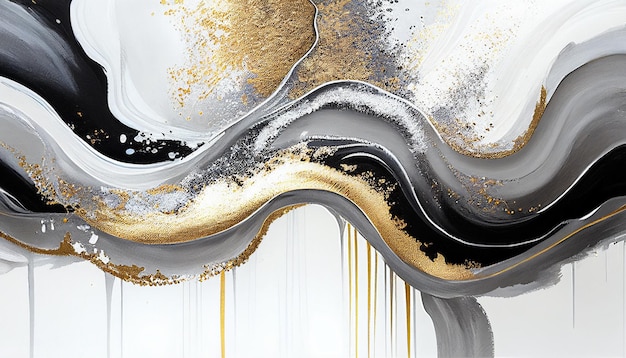 Fluid art texture Abstract backdrop with mixing gold white and black paint effect acrylic artwork generative ai