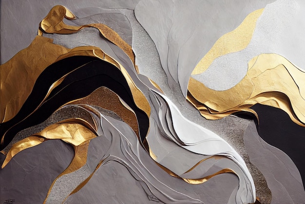 Fluid art texture Abstract backdrop with mixing gold white and black paint effect acrylic artwork generative ai