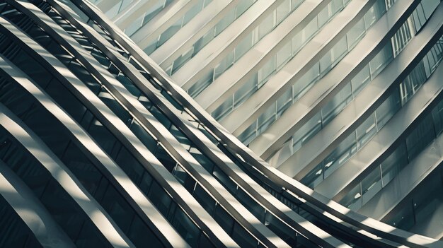 Photo fluid lines and curves of a sleek buildings facade capturing the essence of modern architectural aesthetics bathed in sunlight and shadows