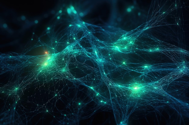 Fluid Neural Network of Glowing Blue and Green Nodes