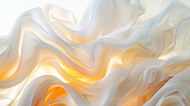 Fluid waves of luminous energy interweaving in a complex dance of light and shadow against a serene white background