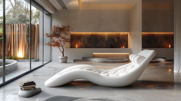 The fluidity of a wavelike chaise meets the warm embrace of ambient lighting