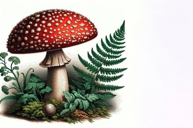 Photo fly agaric and fern in a forest composition space for text