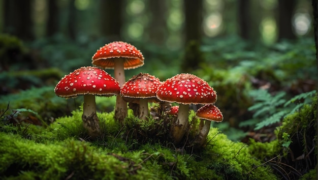 fly agaric on mosscovered forest floor