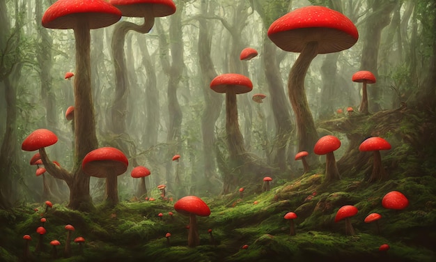 Fly agaric mushrooms grow in a forest clearing Fabulous magic mushrooms in a dark forest Fantastic wonderland landscape to the fairy tale Alice in Wonderland 3d illustration