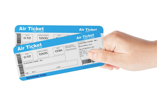 Fly air tickets holded by hand on a white background