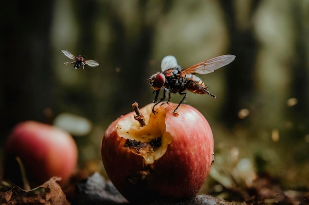 Fly on an apple in the autumn forest Selective focus