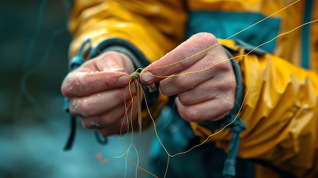 A fly fisherman carefully ties a fly to his line The mans hands are wet from the river and the fly is made of colorful feathers and thread