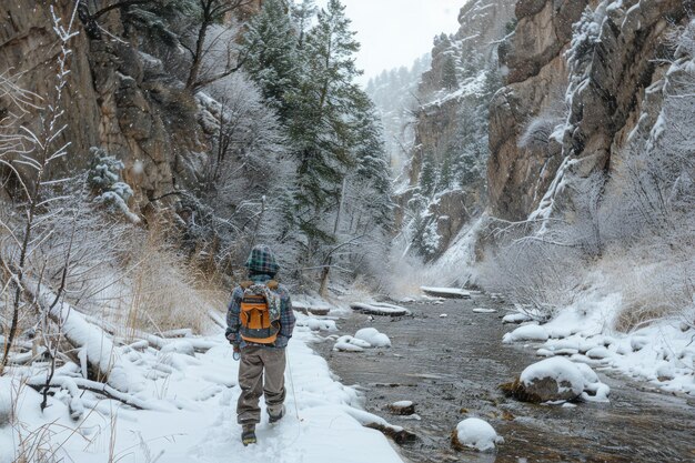 Fly Fishing Winter in Colorado Boy Fishing in Snowy Forest Canyon