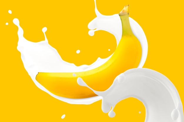 Fly fresh Banana with milk splash on yellow background