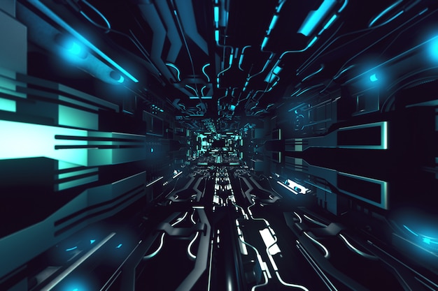 Fly inside of futuristic metallic corridor 3d rendering