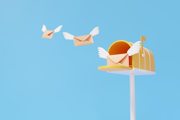 Fly postbox document email wing delivery concept floating on sky blue background retro mailbox post office banner envelope logistics Minimal cartoon cute smooth 3d render illustration