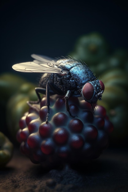 A fly on a raspberry in the dark