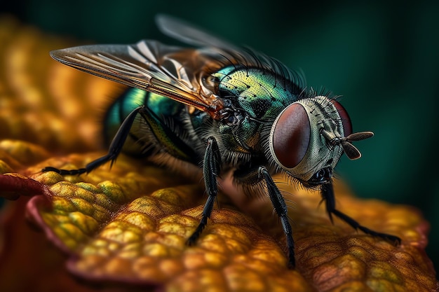 A fly sits on a leaf with a green background.