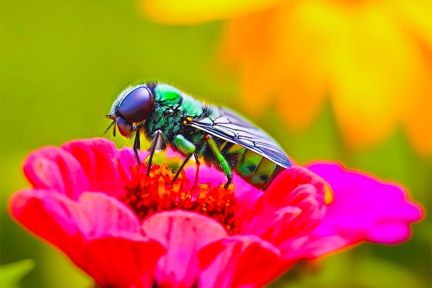 A fly sitting on top of a pink flower photo Green Bull Fly Nature photography