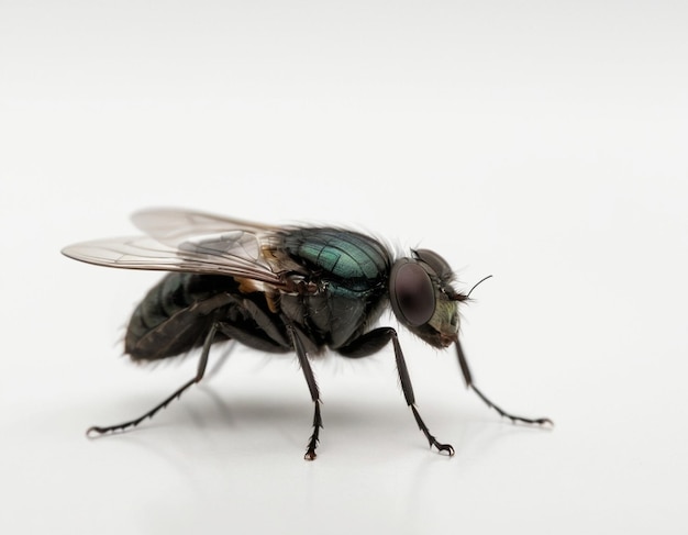 Photo a fly with a green body and blue eyes