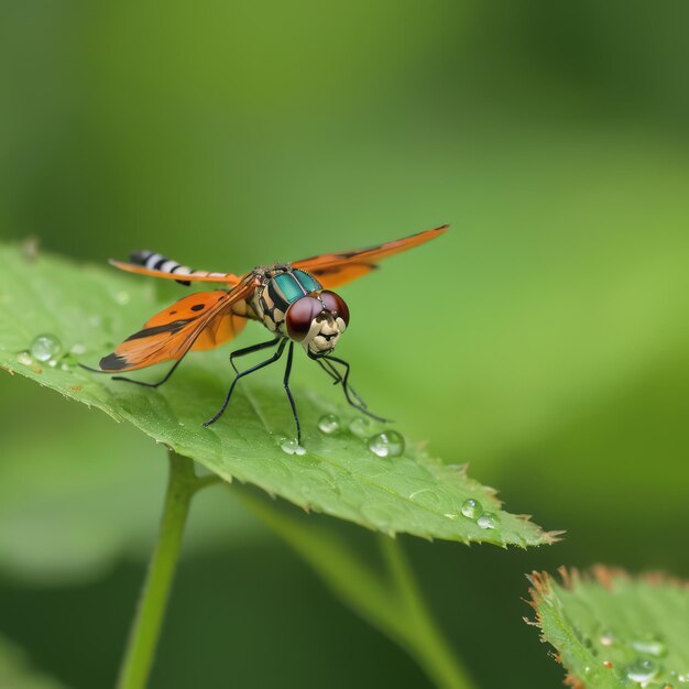 Photo a fly with a large wings sits on a green leaf