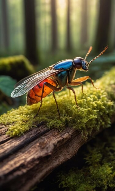 a fly with orange wings and orange wings sits on a mossy log