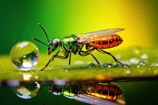 fly with water drop on a leaf