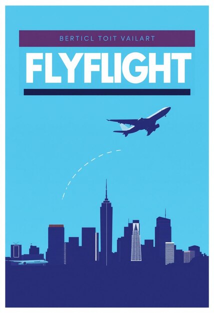 A flyer for fly flight with a blue background and a picture of a city skyline