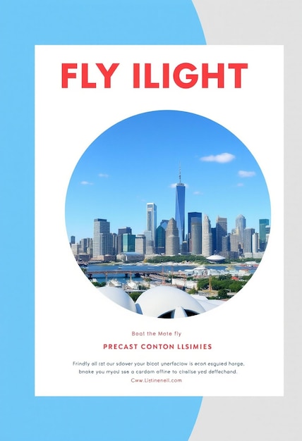 Photo a flyer for fly flight with a blue background and a picture of a city skyline