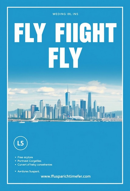 Photo a flyer for fly flight with a blue background and a picture of a city skyline