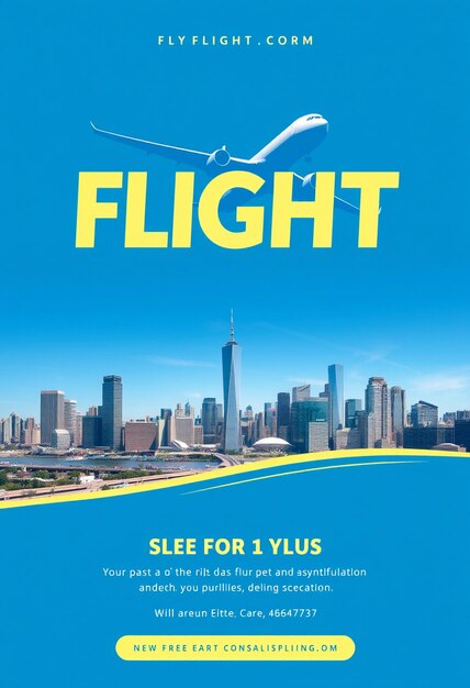 A flyer for fly flight with a blue background and a picture of a city skyline