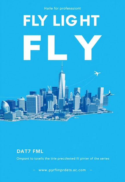 Photo a flyer for fly flight with a blue background and a picture of a city skyline