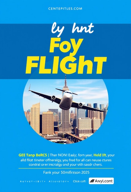 Photo a flyer for fly flight with a blue background and a picture of a city skyline