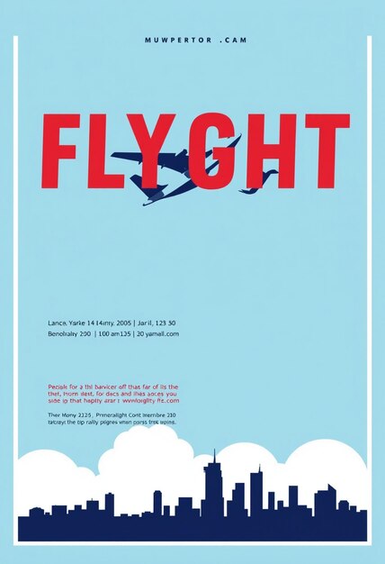 Photo a flyer for fly flight with a blue background and a picture of a city skyline