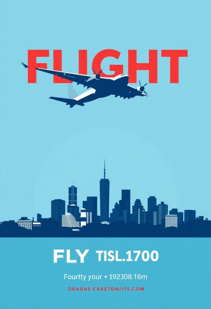 A flyer for fly flight with a blue background and a picture of a city skyline