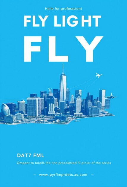 Photo a flyer for fly flight with a blue background and a picture of a city skyline